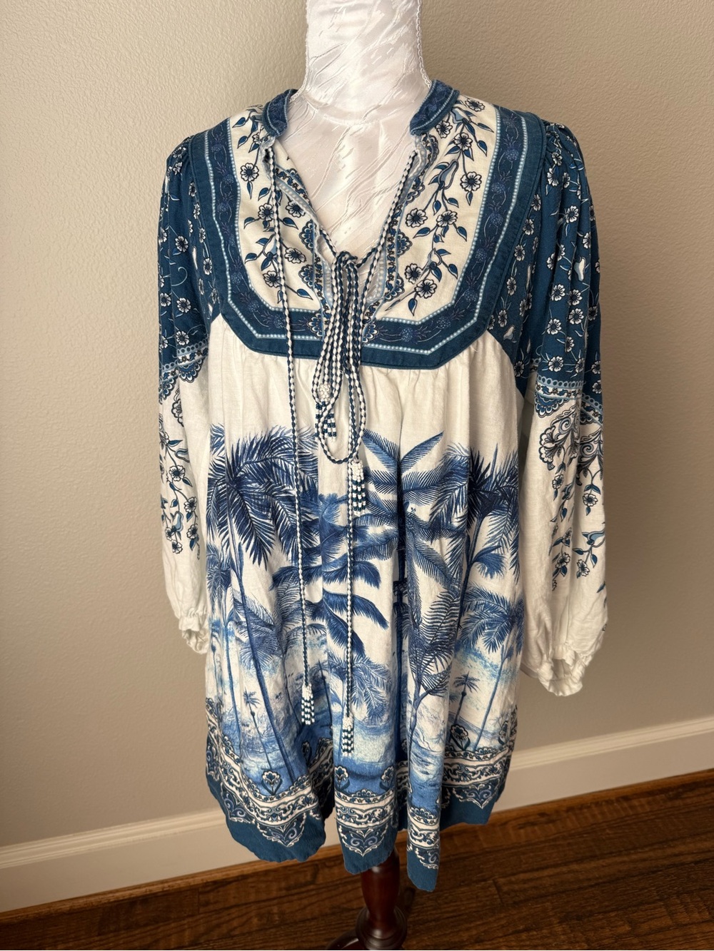 FARM Rio Blue & White Long-Sleeve Printed Boho Dress